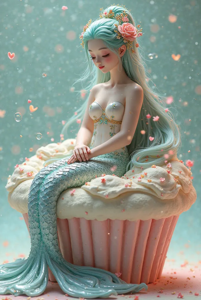 Create a mermaid with Chinese hair, sitting on a cupcake-shaped chair