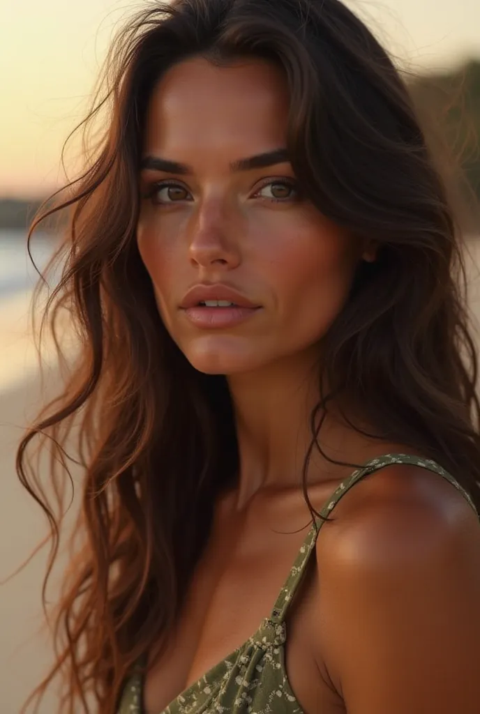 Kira Hope with long dark hair and brown eyes , thick eyebrows,  wide lips , in the precision , wavy, textural layers, amber and pink light, olive cotton, curtain , flattering lighting , effortlessly chic, on the beach 
