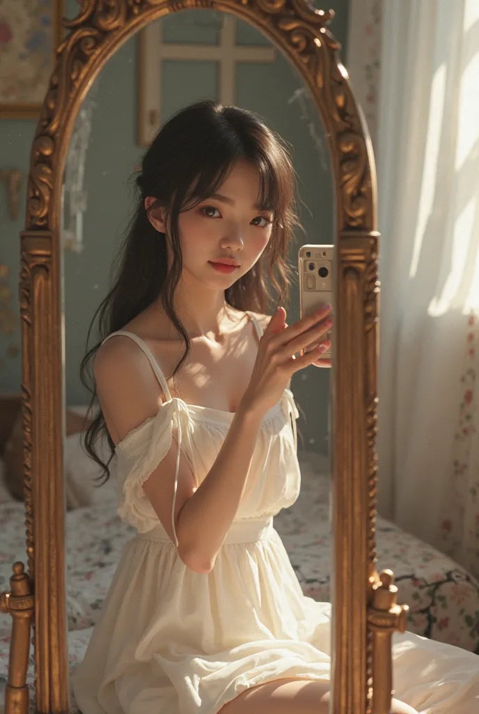  girl taking a picture in mirror in her room