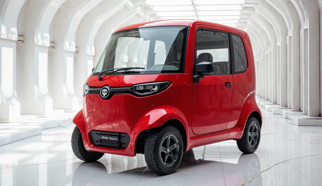 Front right corner view of 2025 indian top 4 auto rickshaw in red colour in a beautiful showroom