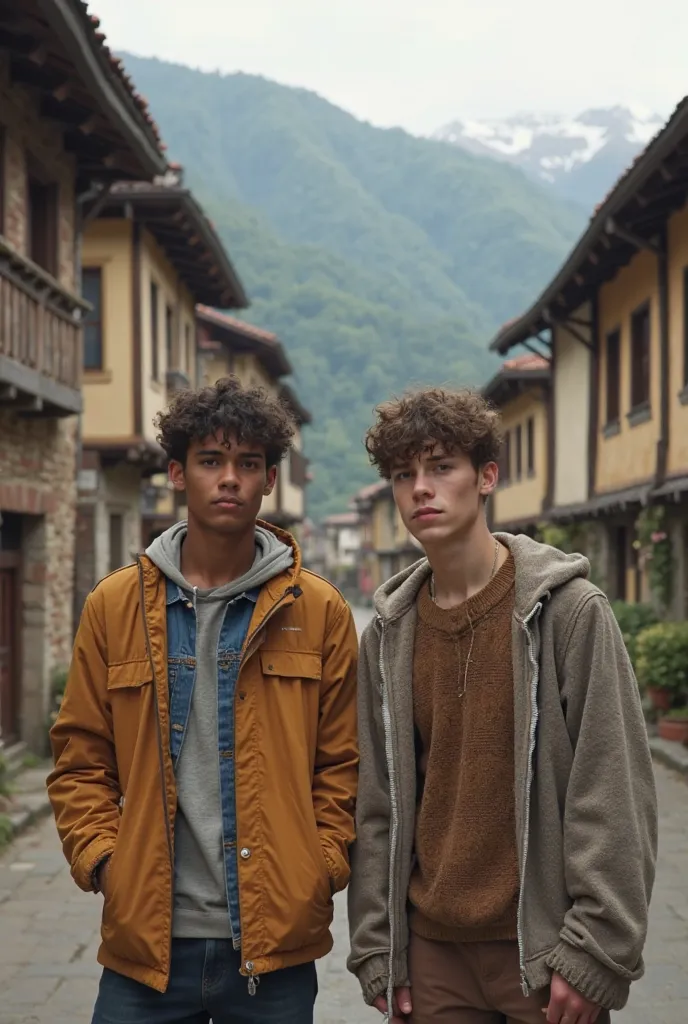 Make an image of two 18-year-olds in casual clothes that look like if one is dark-skinned and the other white-skinned or brown-haired, that their hair is more or less short and with a lost face The houses on the street have a traditional architecture with ...