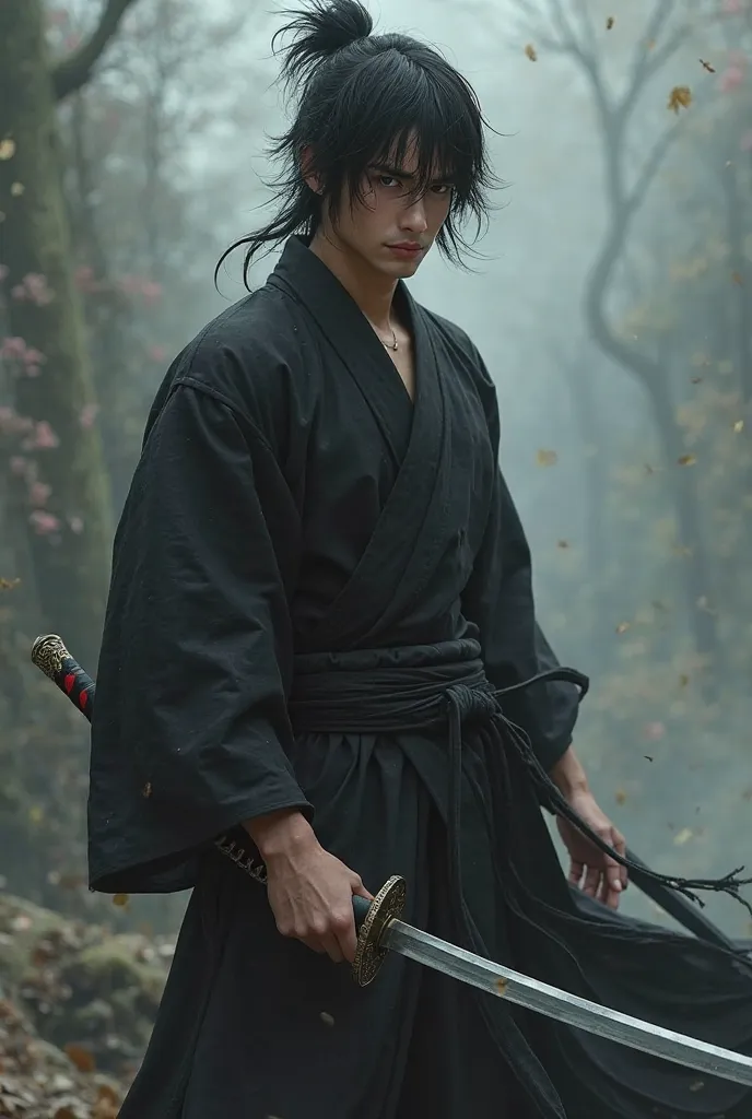 a man with black disheveled hair, coffee-colored eyes in a black robe and carrying a katana in his hand