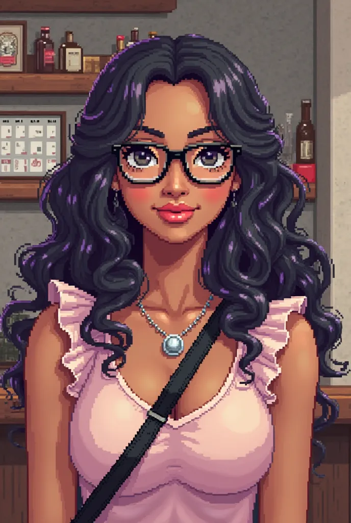 Create a pixel art style image of a young woman with the following characteristics: Hair: She has long, curly hair that falls over her shoulders and down her back. Her hair is a mix of dark tones (black or dark brown) with purple highlights visible at the ...