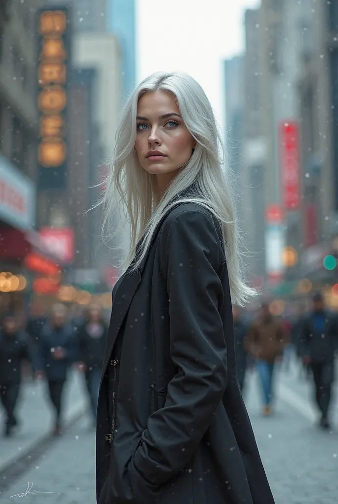 A beautiful woman with blue eyes and white hair and modern clothes is walking down the street down the street 