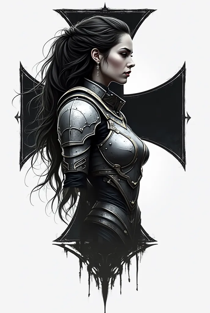 Logo mark the profile of a female warrior in black and white armor superimposed on a cross