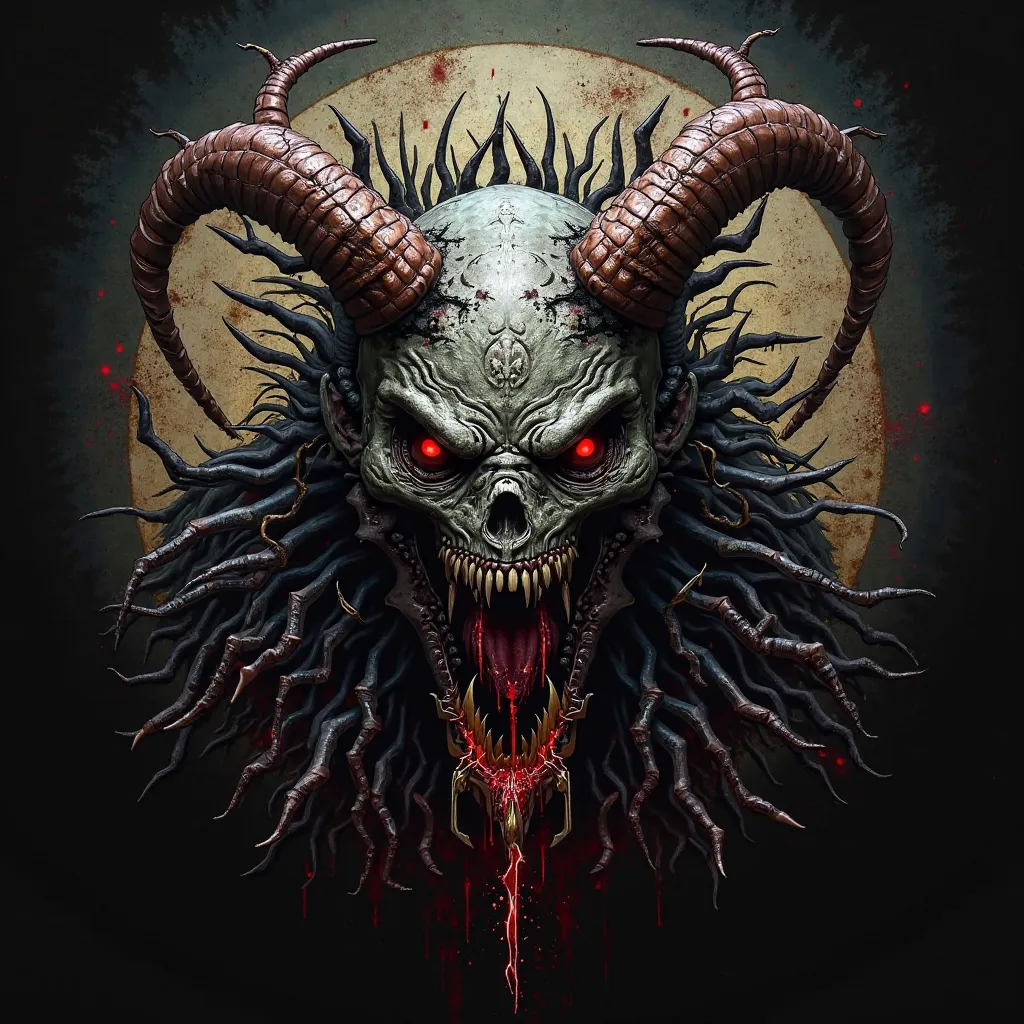 Create me a brutal death metal logo that is a beast inspired by the characters of the band Slipknot 