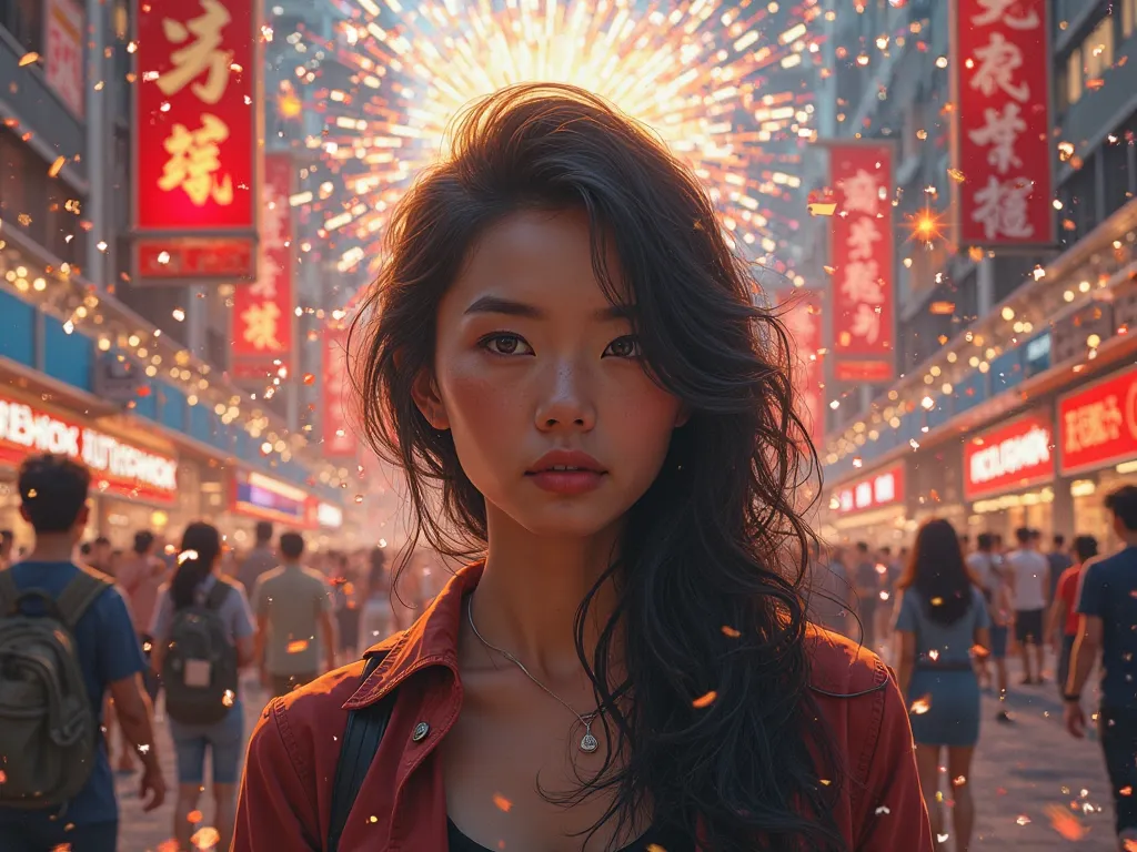 an average woman surrounded by firecrackers and logos of well-known brands