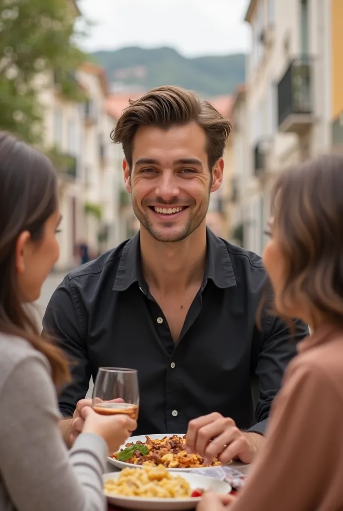 man, Medeio, thin, Healthy though, brown hair, light brown eyes, europeu , wearing a black dress shirt, having lunch, Cidade Portugal, with mom and dad together, family photo 
