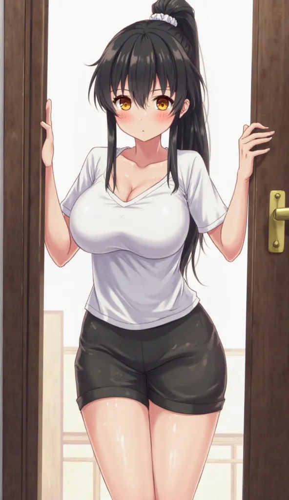 1girl, shorts, breasts, door, solo, doorway, large_breasts, shirt, open_door, long_hair, black_shorts, sidelocks, black_hair, ponytail, looking_at_viewer, dolphin_shorts, mole, see-through, short_sleeves, orange_eyes, white_shirt, short_shorts, pov_doorway...