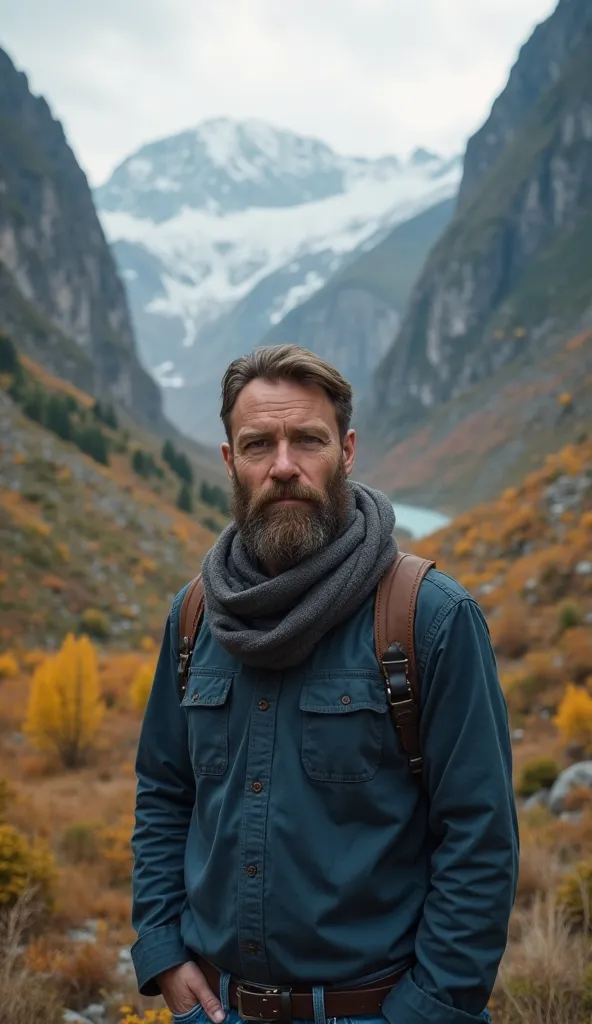 FPV (camera is behind a man) From a 27-year-old man with a beard, Wearing a dark blue shirt and jeans in the Crevasse of a mountain valley, mountain with vegetation, realistic and natural, autumn, leather scarf, 8k.