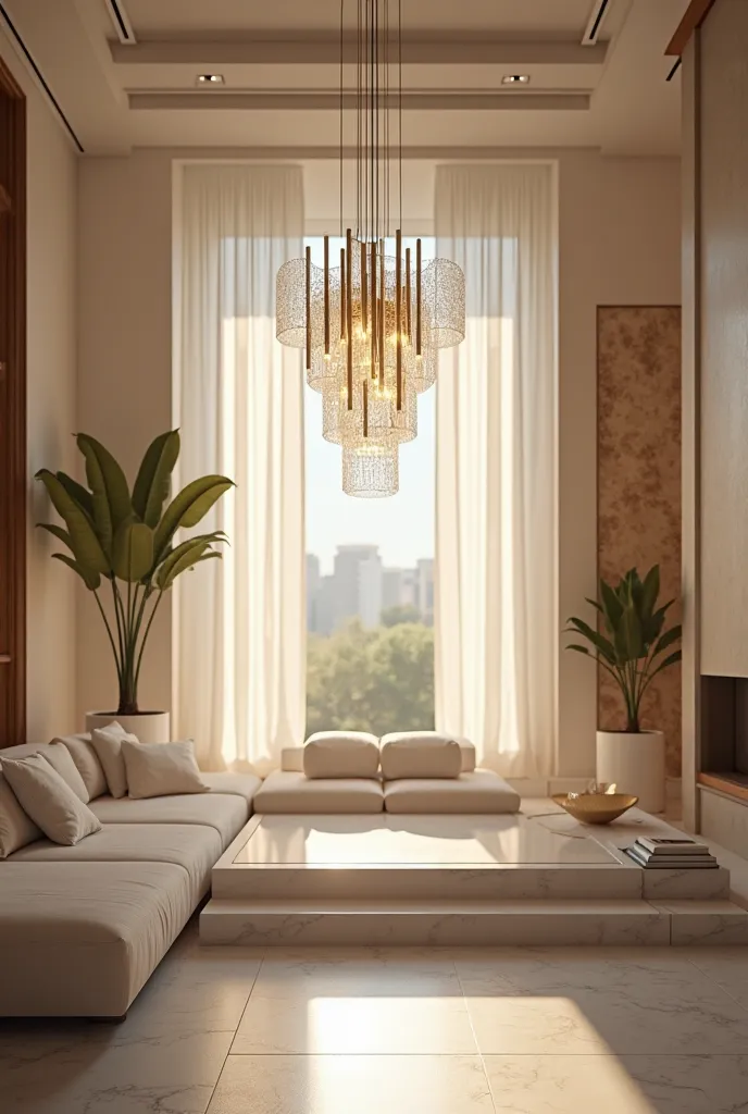 minimalistic elegant chandelier in modern premium interior design. sunny day 