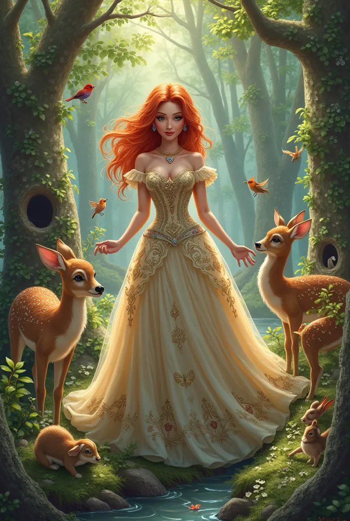 Create a realistic image of a red-haired princess in an enchanting forest with surrounding animals