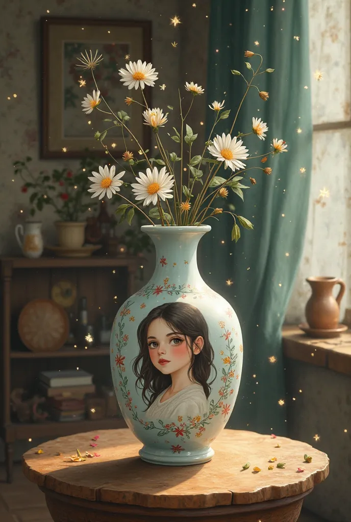 Illustration
Many years ago, there was a kind and beautiful girl. One day, a witch cursed her and turned her into a portrait on a vase. The vase is on the table inside the house.