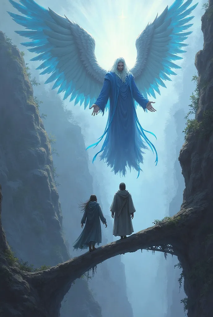 Generate the image of two ren crossing a very tall and narrow bridge and a guardian angel right at a certain height taking care of them both walking around blindly the angel has blue robes and big wings the ren appear in the opposite image and the angel at...