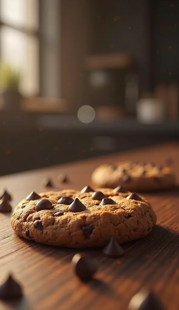 A fat and plump brownish black cookie; The color dark brown ;  with chocolate chips , on a wooden table;  a
The word King's Cookies written in the background; high resolution,  Dutch angle ,  foreground , depth of field, OctaneRender 8K, 