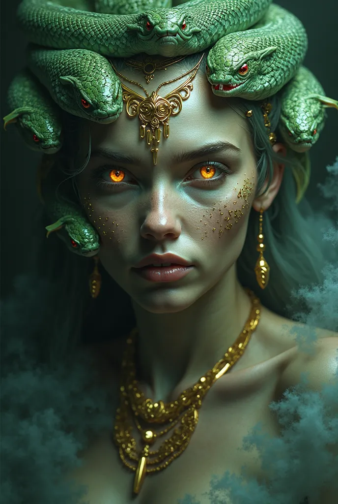 "Create an ultra-realistic portrait of Esteno, the eldest and most powerful of the Gorgons from Greek mythology. Her face is both mesmerizing and terrifying, with piercing golden eyes that glow faintly, exuding an aura of divine power. Her skin is flawless...