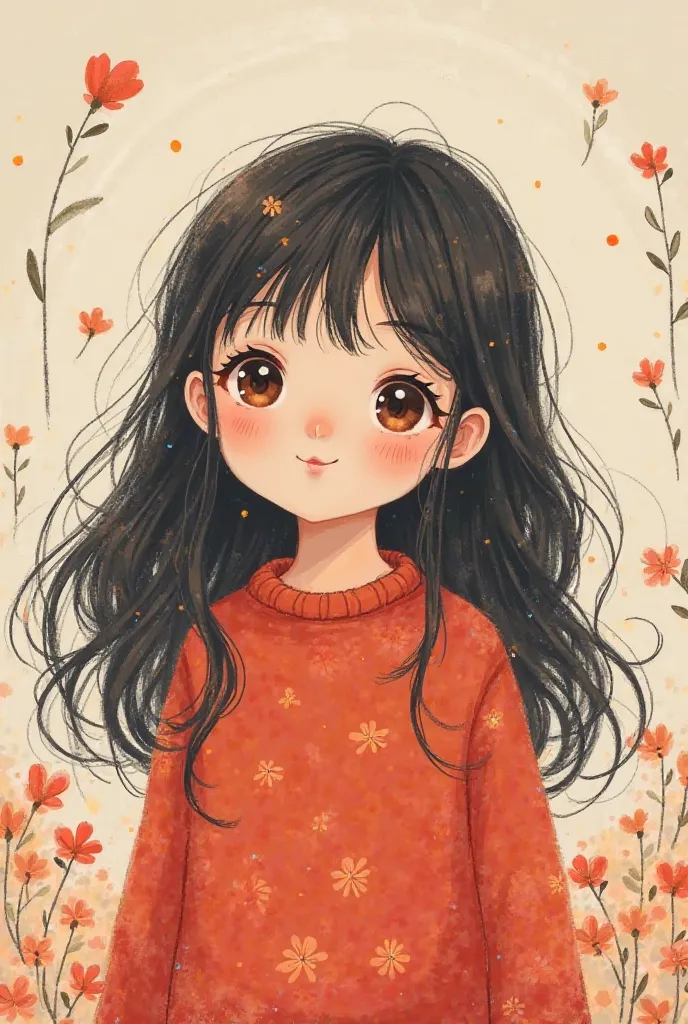 Black-haired girl with brown eyes a red sweater in a cute drawing