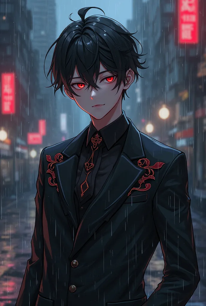  A charming anime guy wearing a black raven suit with a red eye similar to a port rain. His special power is darkness and calling dark weapons 