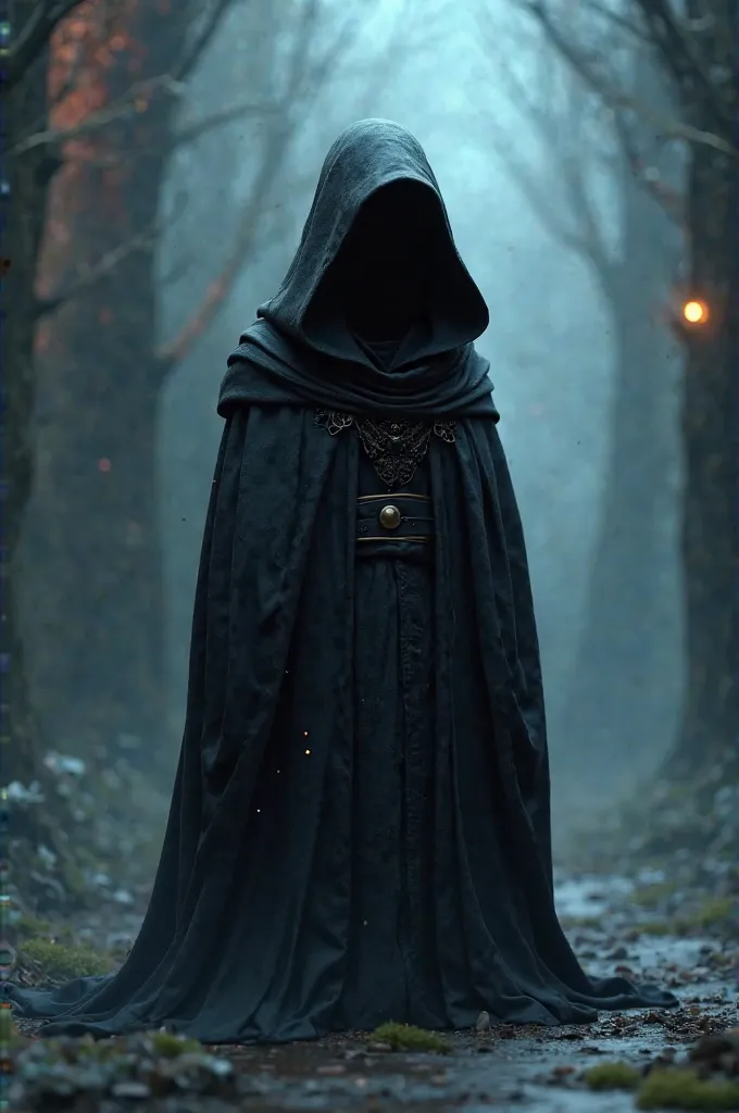 3d cartoon of a warlock dressed in black with a hood, his face is not seen