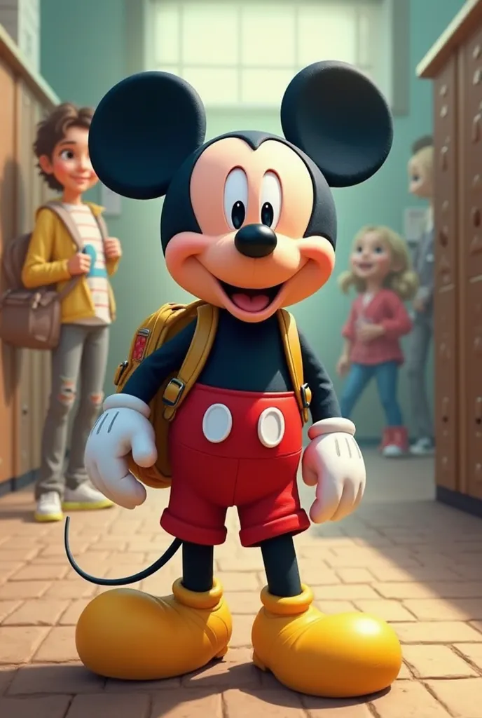 Mickey with a backpack at school