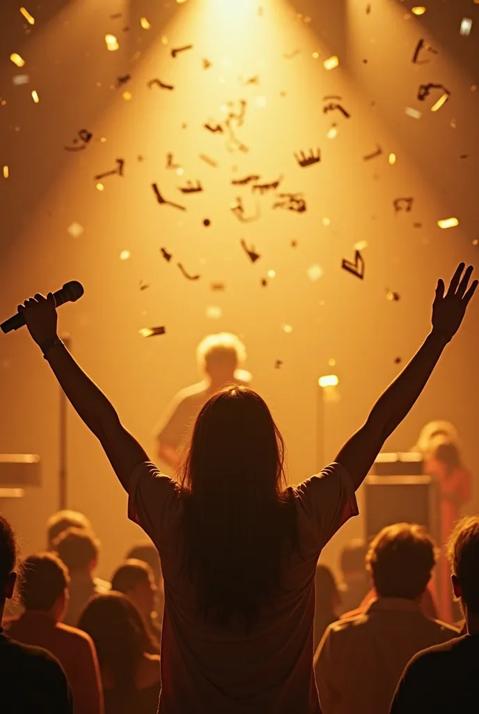 Create an inspiring and emotional image that represents the connection between music and worship. The scene should show a person with their arms raised in an environment illuminated by heavenly light, while holding a microphone or playing an instrument suc...