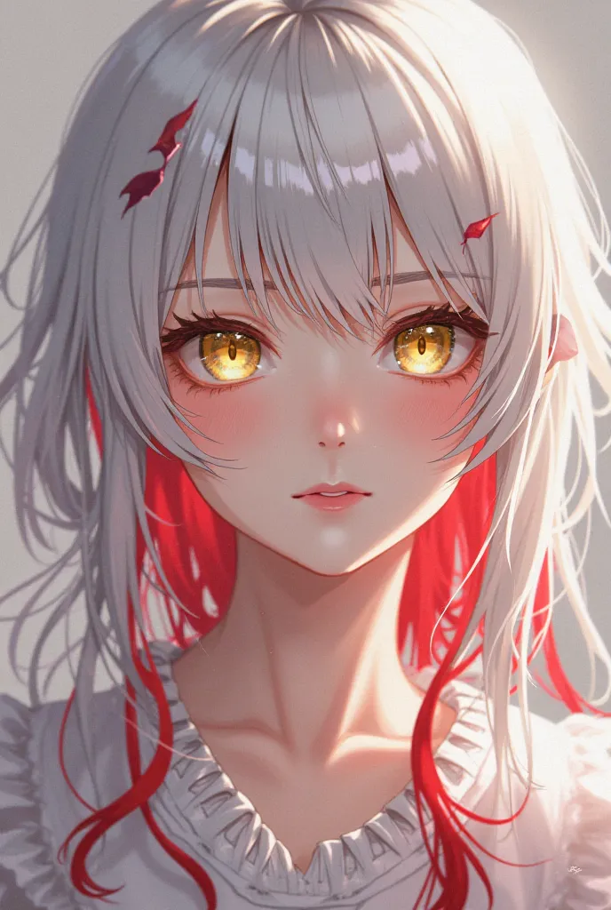 Anime girl with white hair and red locks, with yellow eyes 