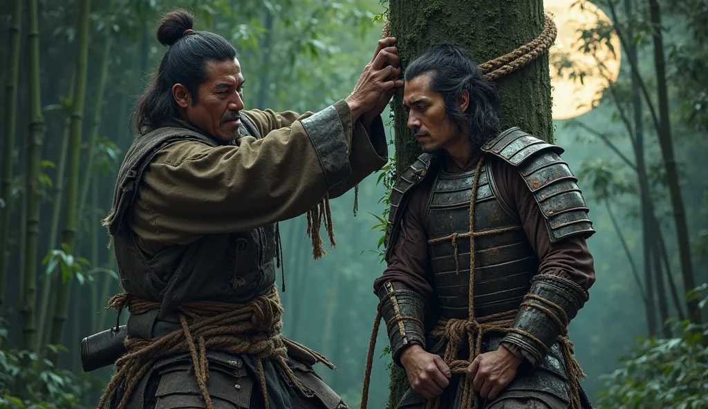 A fierce Japanese bandit with a rugged appearance, wearing tattered yet traditional samurai-era clothing, is tying up a captured samurai to a sturdy tree in a dense bamboo forest. The samurai, wearing elegant but battle-worn armor, struggles against the th...