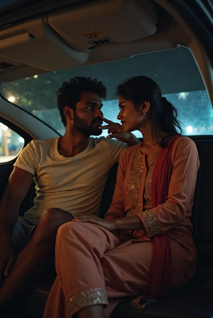 At night, one indian man wears tshirt shorts sitting on back seat of the car and one indian woman is sitting on that man's lap. That woman wears kurta and slack. Woman looking to front seat, man smelling woman's hair.