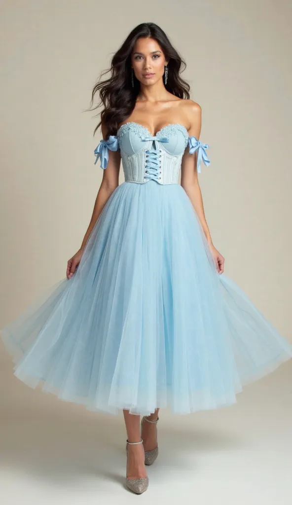 A stunning, light blue off-the-shoulder midi dress is worn by a model standing gracefully, her full body elegantly showcased. The dress features a structured, corset-style bodice with sheer paneling, creating a striking contrast against the delicate pleate...