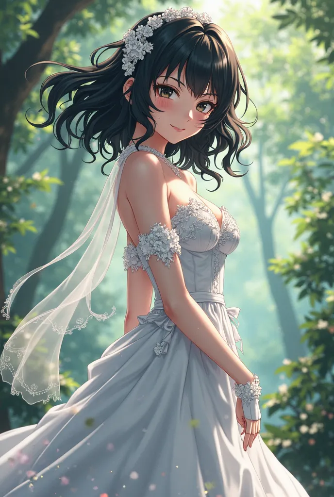 ((the best quality)), ((masterpiece)), (Thoroughly detailed), a 17-year-old anime girl with medium long wavy pointed black hair, And black eyes, (blush all over the face,  smile), Open your mouth, big tit, looking at the spectator, (leaning forward:1.3)、be...