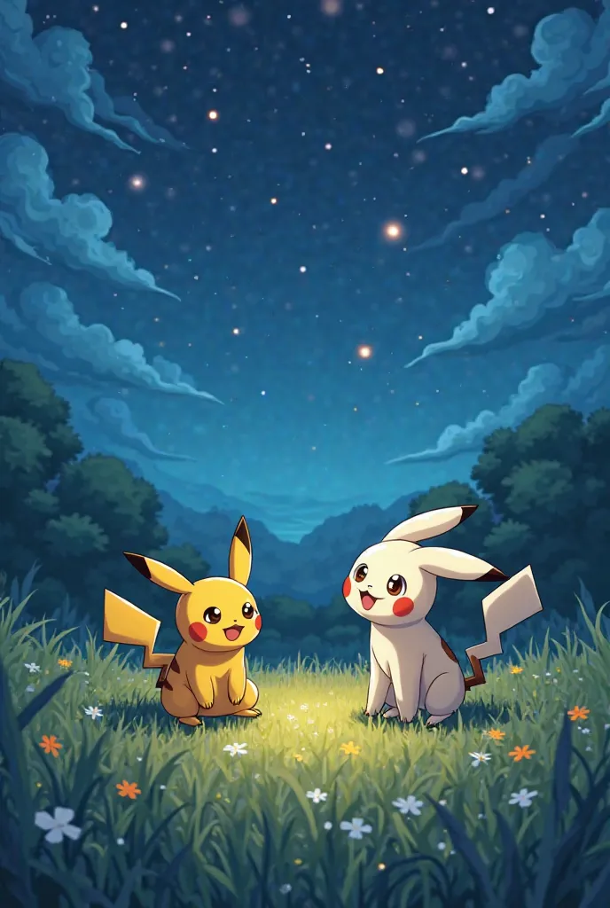 Generate an animated 2D image with anime-style art and that in the background at night has simple but beautiful art with a group of Pokemon that is made up of a Mimikyu and a Pikachu playing on a meadow playing Having Fun