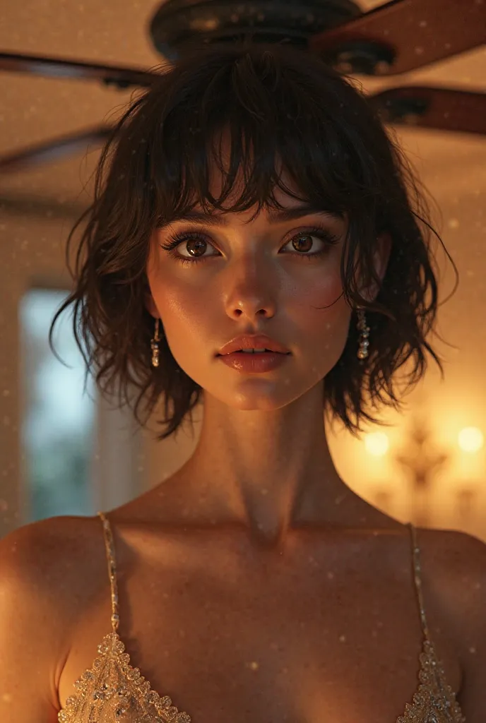 A young woman with short black hair and sexy and bold brown eyes stands in a luxurious style under a ceiling fan because of the hot weather 