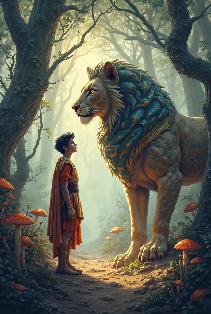 Aladdin in a magic forest discusses with a Sphinx 