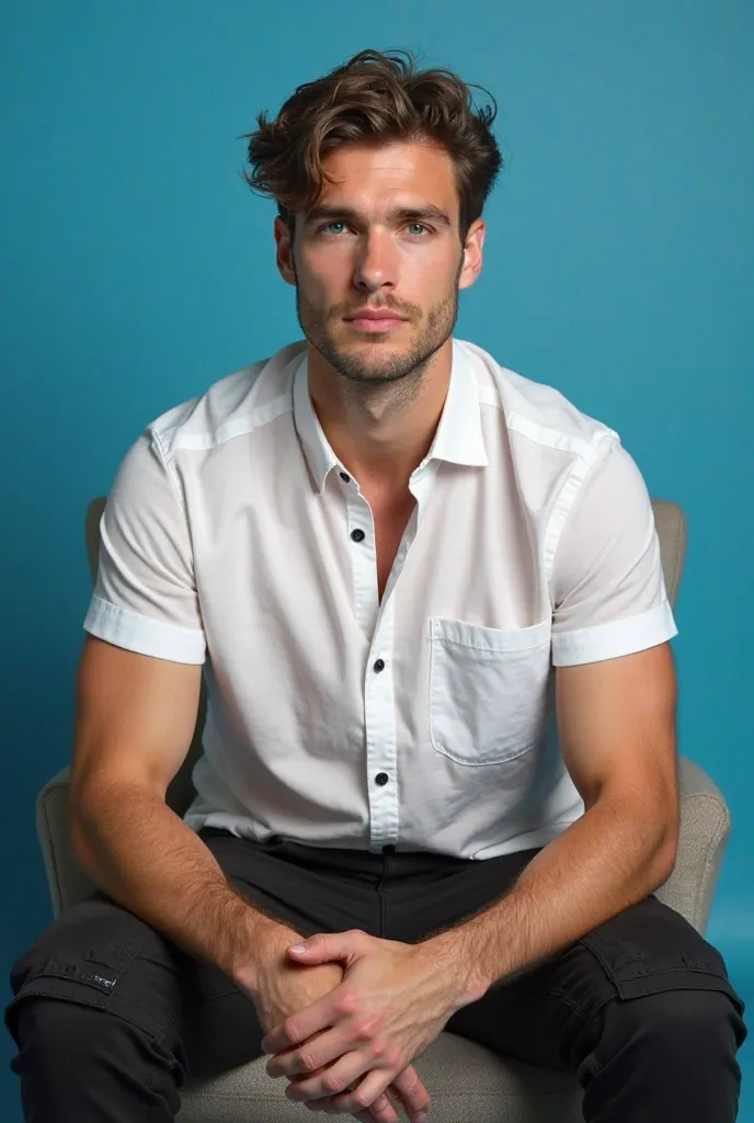 Create an image of a 25 year old man, Old Money brown hair, brown eyes, slightly tanned skin, wearing a white shirt with black cargo pants, sitting in a chair with a blue background looking straight ahead