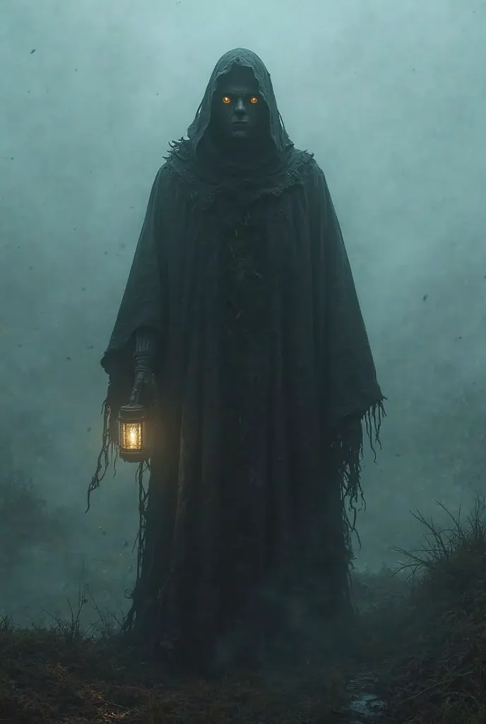 A thick fog envelops a scene with black water. A black Dementor in a ragged black cloak ripples in the wind, Golden yellow eyes ,  holding a flashlight in front of you. The light from the flashlight casts an eerie glow. Horror, Scares, high detail, dark br...