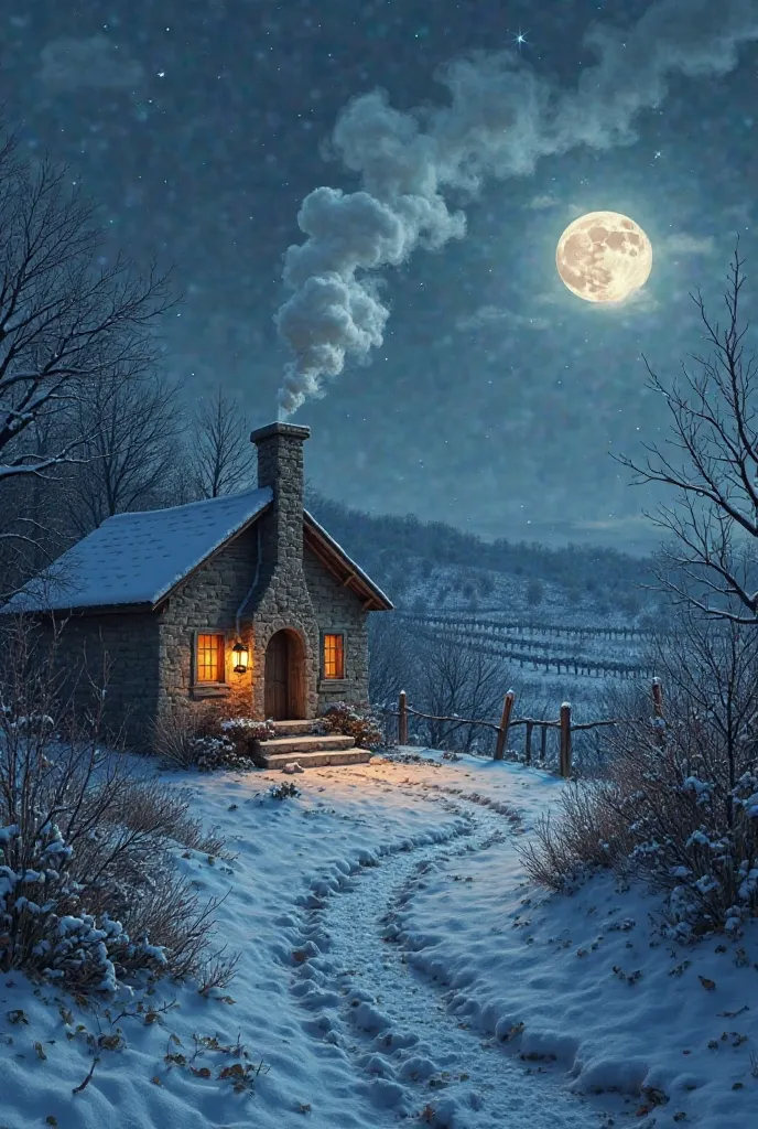 Smoke billows in the chimney of an old vineyard house moonlight and winter