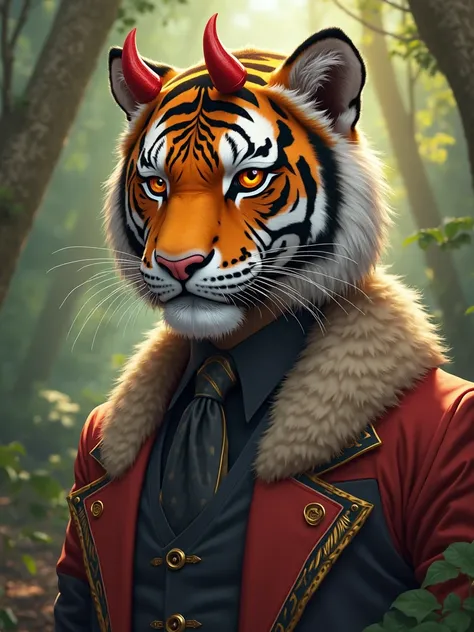 "An adult half tiger and half oni, with a normal human face and normal skin and marked with tiger skin and He has small red horns on his forehead curved backwards and tiger ears next to the horns. Your eyes are orange-red, intense and striking . His skin i...