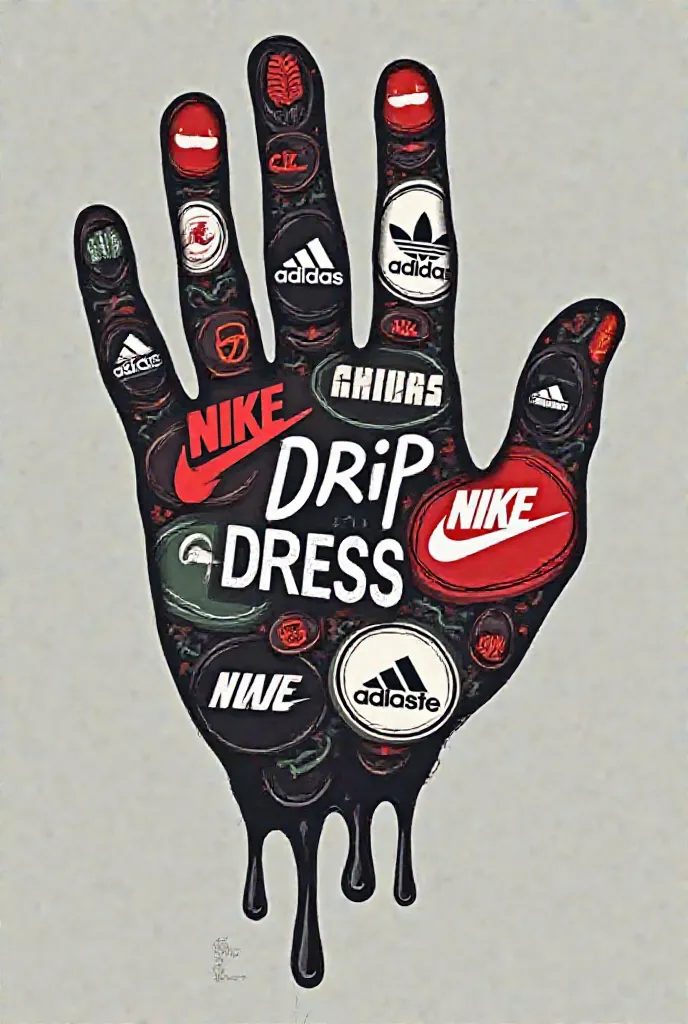 Create a logo for my clothing store , Create a hand cuddle used in the shopping center and place the logos of famous brands with Adidas as part of the cuddle, Nike, Puma and Lacoste and in the love come written "Drip and Dress Area".