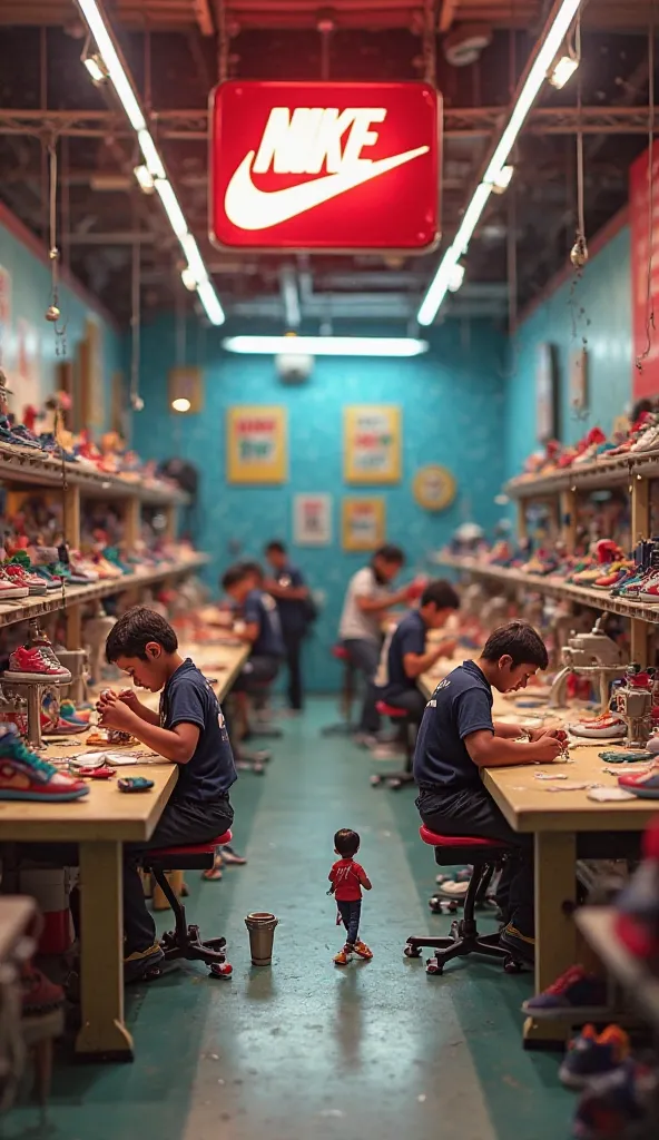 **Disney's Miniature Marvels - Nike Sneaker Workshop**
**Scene Description:**  
In a high-energy Nike sneaker factory, tiny miniature workers are crafting the latest Nike shoes. The workers, dressed in sporty Nike uniforms with the iconic swoosh logo, are ...