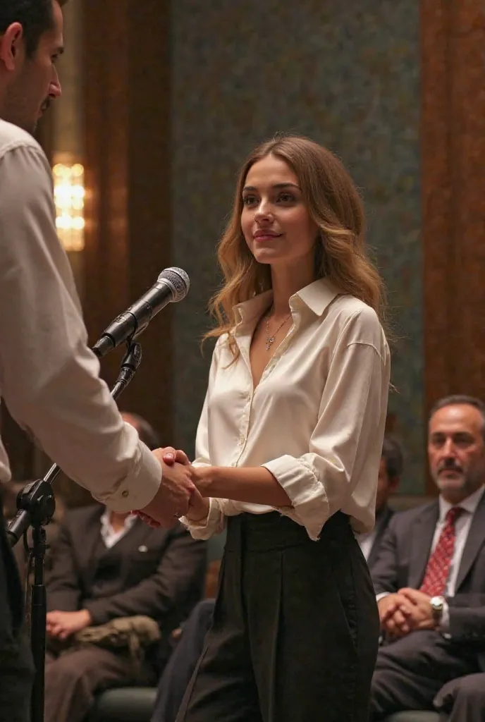  A beautiful young elegant girl in Chic in a white Satin Blouse and black Wide-Leg Pants" speech to audience people in modern hall in peshawar with mike and put side Pakistan flag and Afghanistan flag and hand shake with Afghanistan taliban