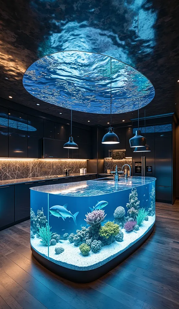 A luxurious, modern kitchen featuring a stunning aquarium kitchen island. The island is an enormous, curved glass tank filled with clear blue water, housing an elegant hammerhead shark swimming among vibrant coral formations, white sand, and deep-sea plant...