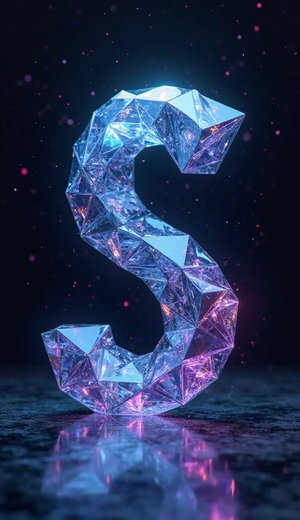   stylized triangular "S" shape made from fragmented, crystalline shards. The shards have a reflective, glass-like appearance with blue and purple hues. The overall composition gives it a futuristic and high-tech feel, resembling something from a sci-fi ga...