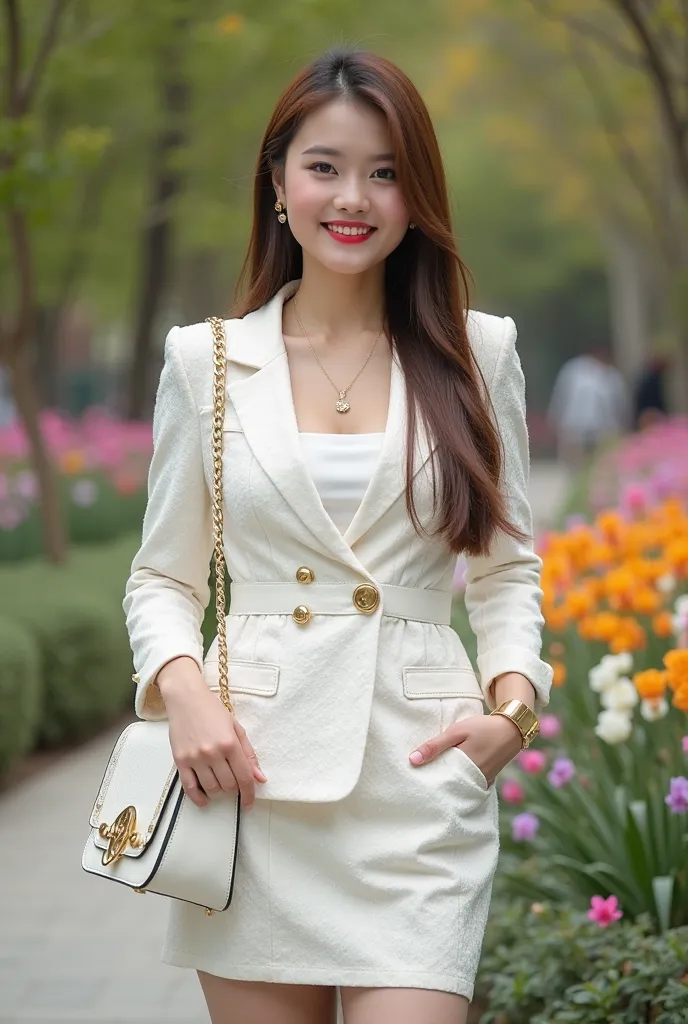 A whole photo of beautiful chubby Asian woman, smiled, ,white soft skin, long shiny brown super straight hair, wearing white gamosa with full silver sequins of tweed blazer jacket with gold buttons, white  fitted satin mini dress above the knee, inside,whi...