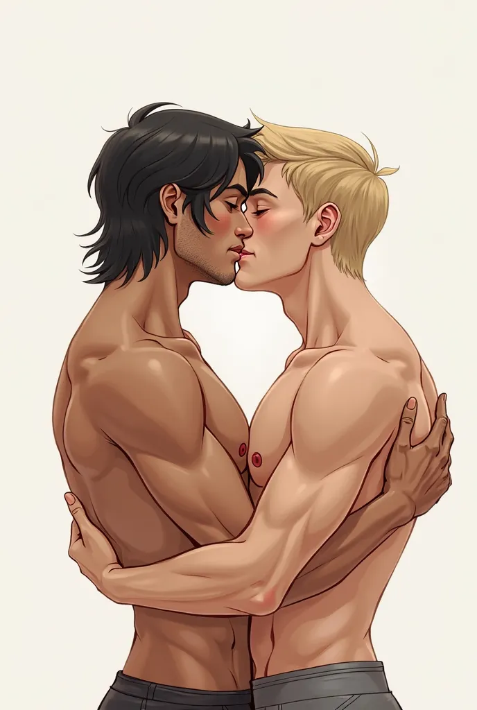  two men kissing , one has slightly long straight black hair, The other is a smooth-haired blonde, Fair skin, realistic illustration