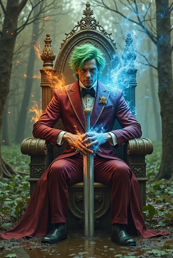 Create a green-haired character in a burgundy suit with a sword of ice and fire ,sitting on a throne made of mud in a swamp 