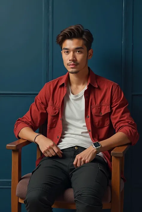 Create an image of a 25 year old man, Old Money brown hair, brown eyes, lightly tanned skin, wearing a red open shirt with black cargo pants, sitting in a chair with a navy blue background 