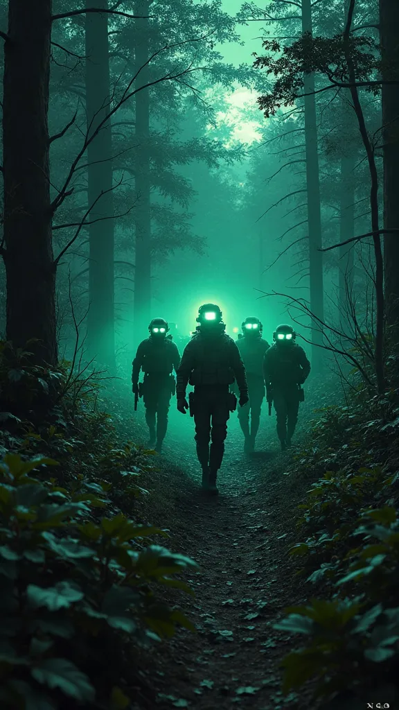 A 4-man special forces squad walks in the forest at night with night vision devices