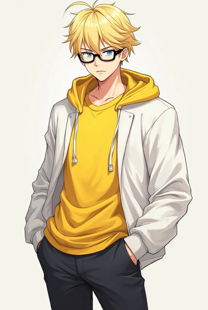 Create character just looking like zenetsu but outfit was yellow t shirt white hoodie black pant and glasses on his eyes 