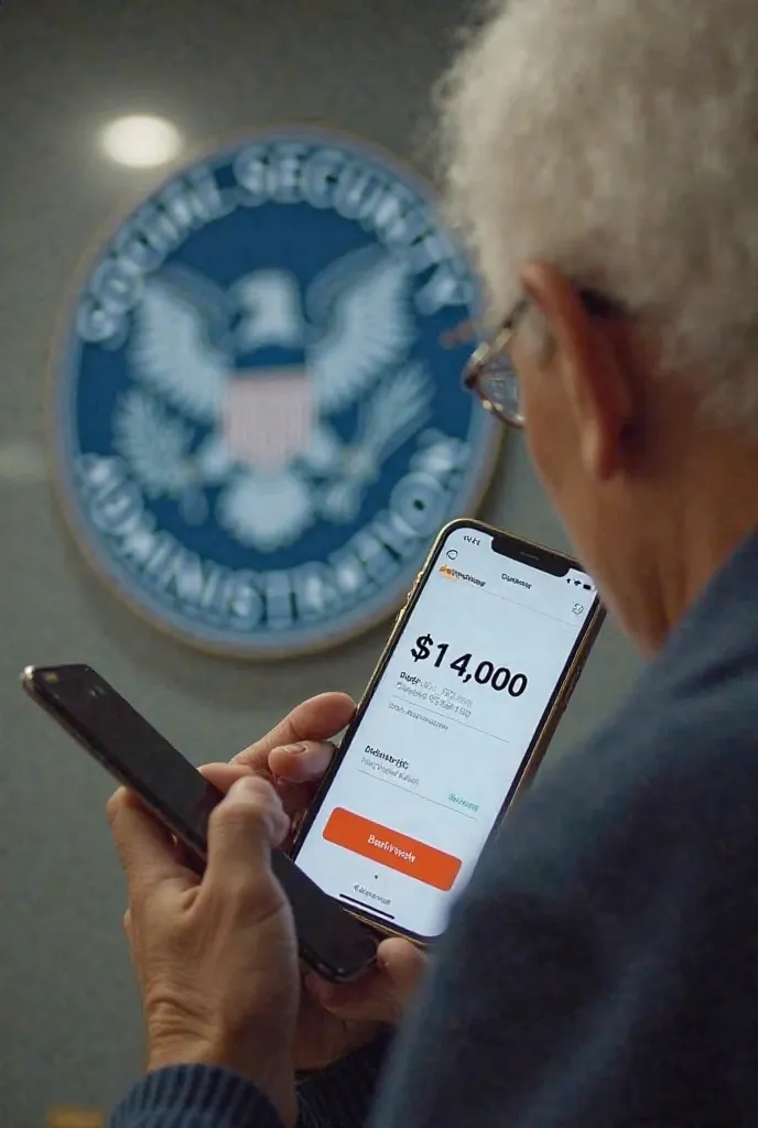 A realistic depiction of a bank transaction where a senior citizen is checking their bank account on a mobile phone, seeing a '$14,000 deposit' notification. The background includes the Social Security Administration logo." ....... generate image in YouTub...