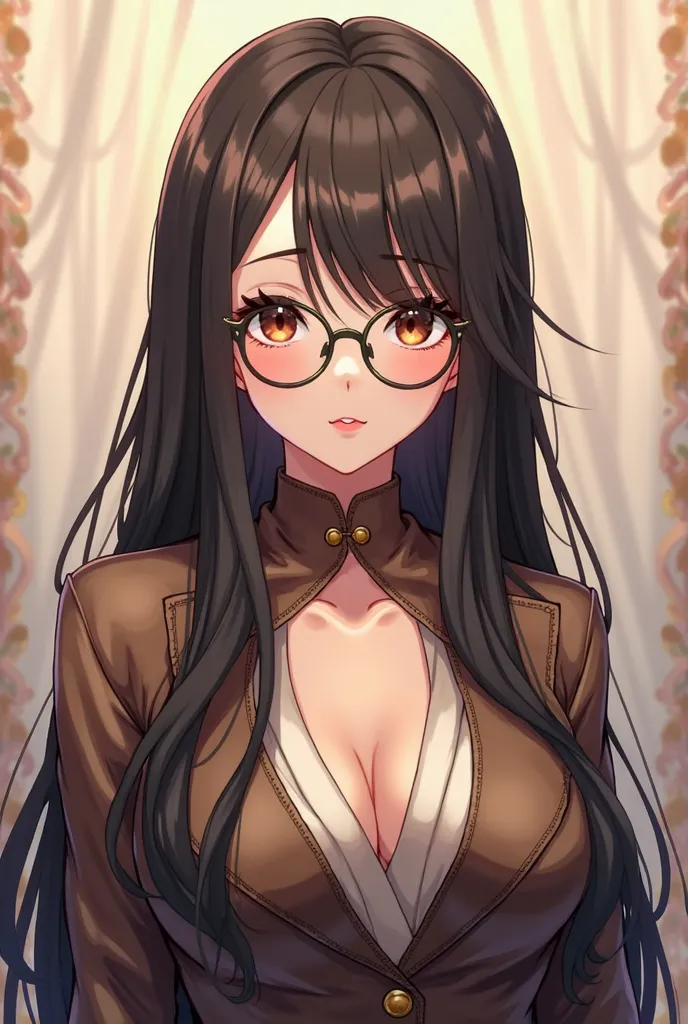 A stunning semi-realistic anime-style woman with long, black-brown hair reaching her waist. She has a more mature, adult face with subtle angles, chubby cheeks, dimples, and attractive lips. Her deep, dark brown eyes have a gentle yet powerful look, and sh...